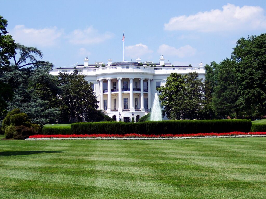 The White House in Washington, D.C., with gardens and a central fountain