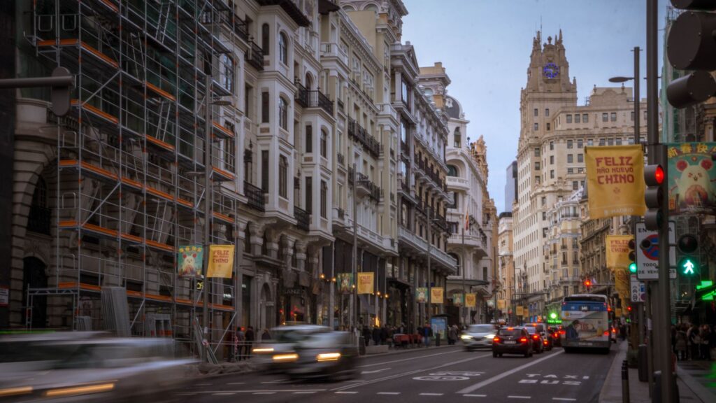 View along Gran Via in Madrid, Spain