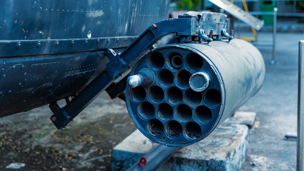Military rocket launcher displayed outdoors