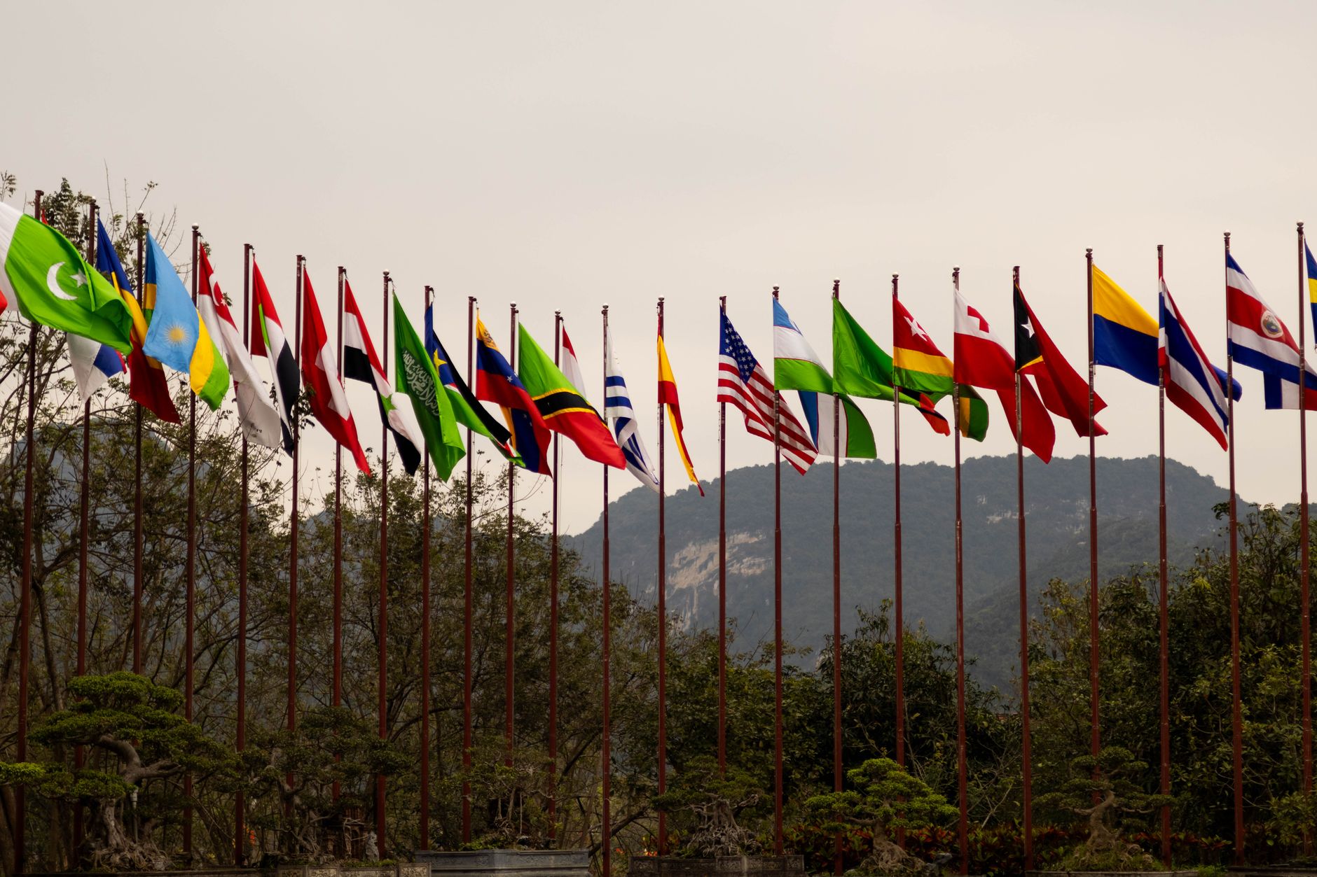A display of various national flags on flagpoles