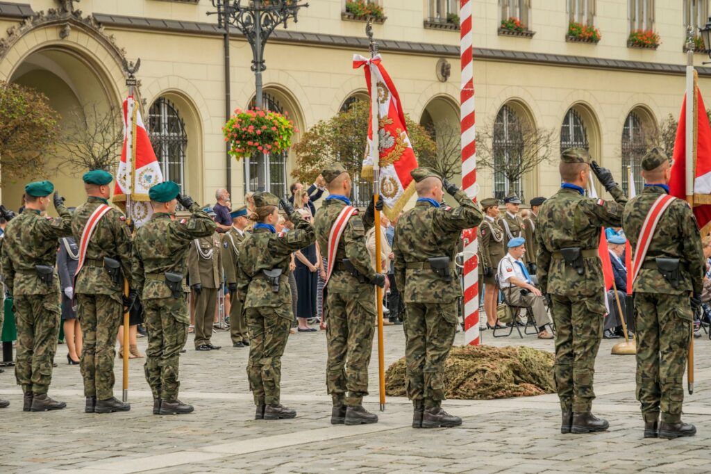 Polish soldiers in military uniform at a formal parade in Wroclaw