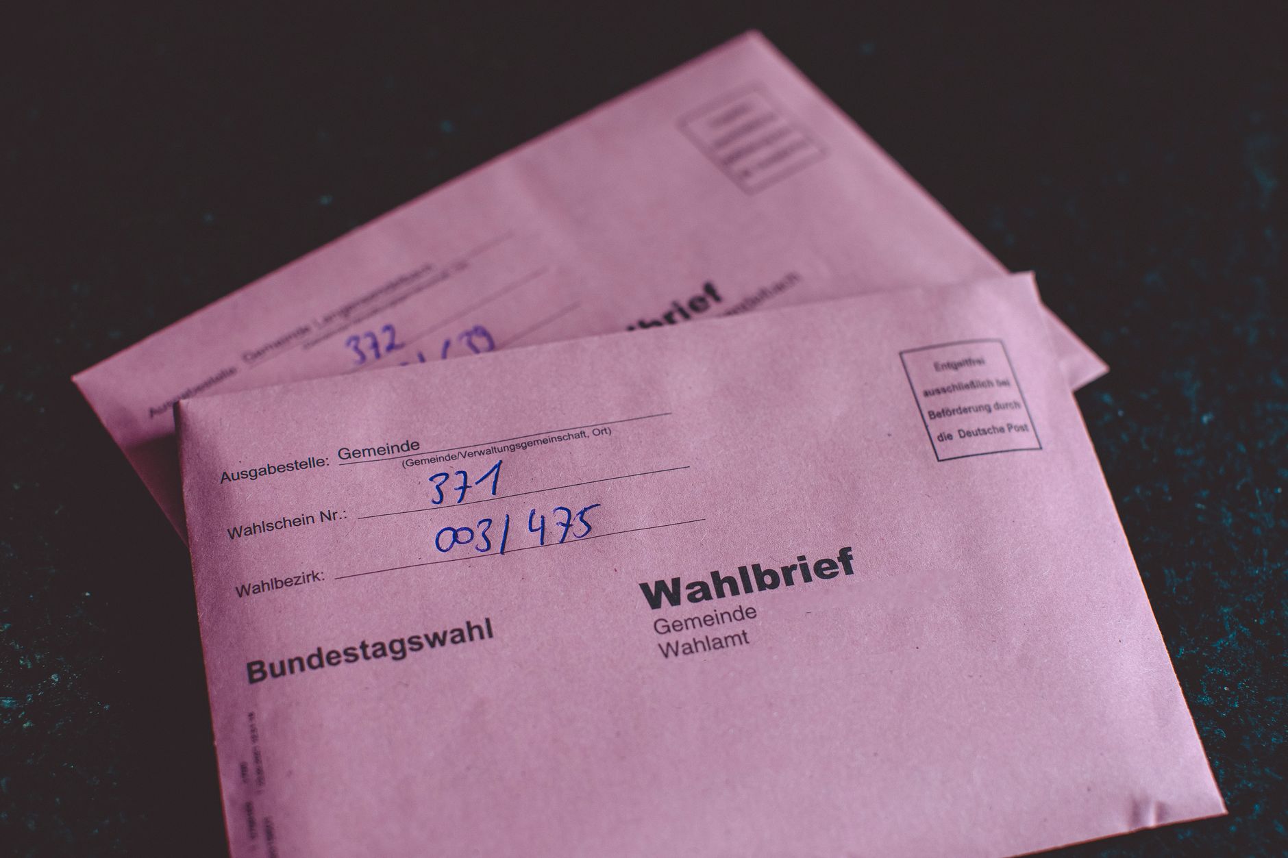 Close-up of German election ballot envelopes for the Bundestag election