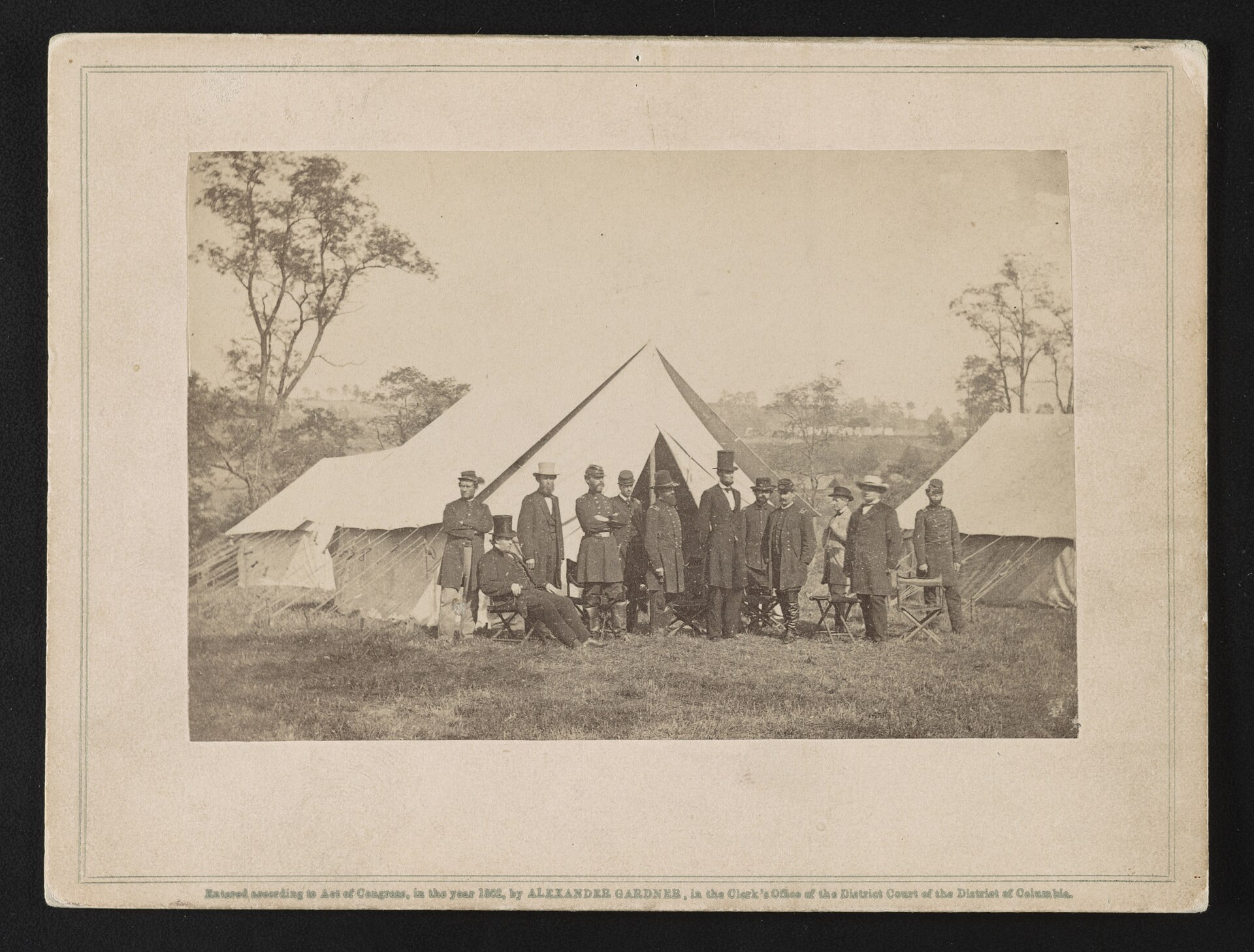President Lincoln with General McClellan and officers at Army of the Potomac headquarters, Antietam, October 1862