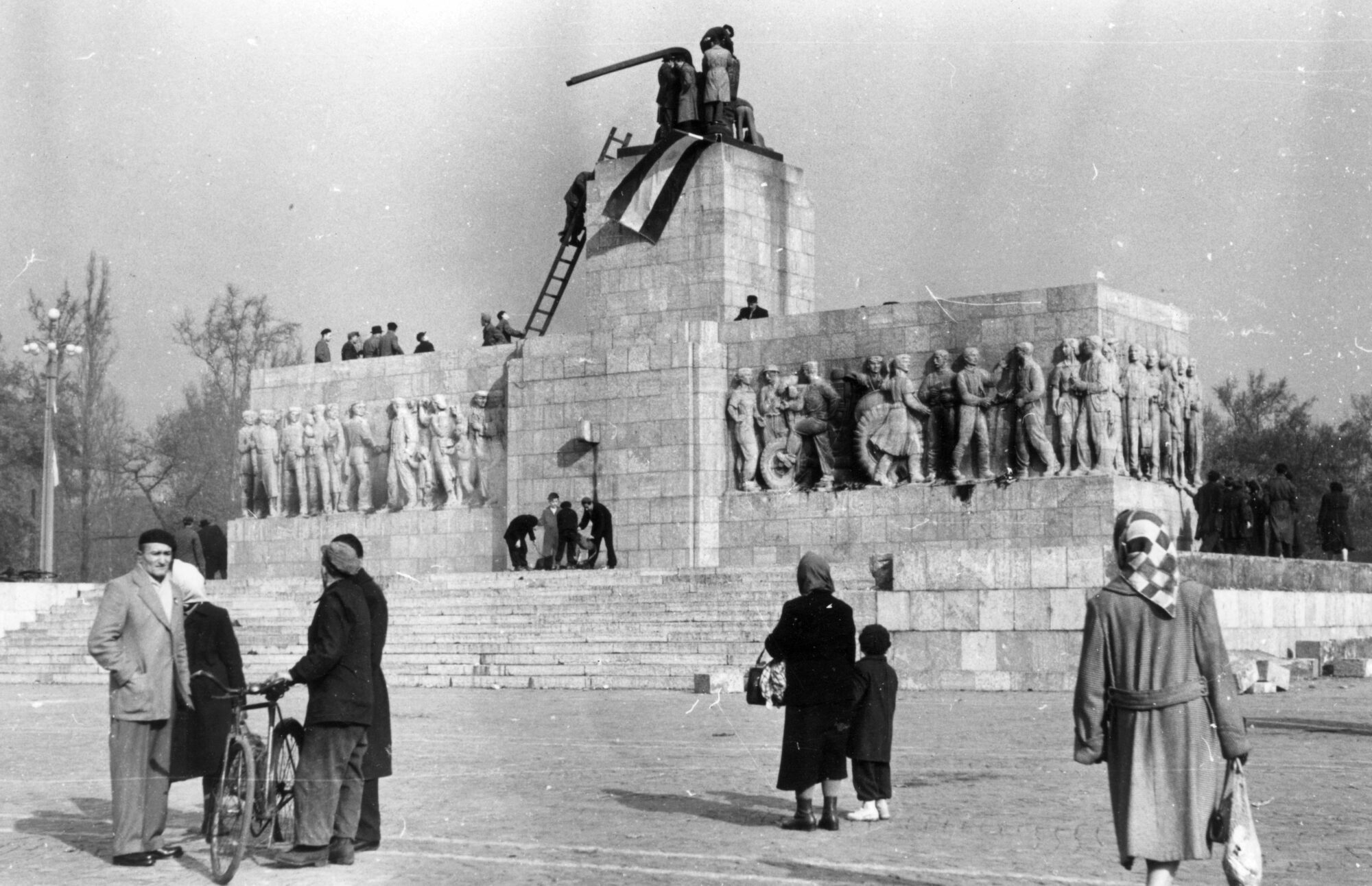 Toppled Stalin statue in Budapest during the 1956 Hungarian Revolution