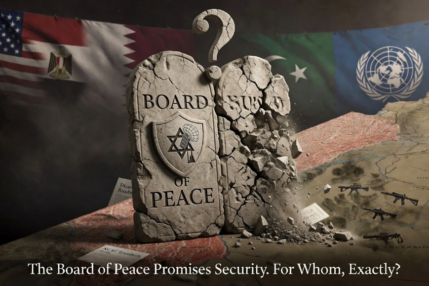 Cracked tombstone reading "Board of Peace" with a question mark, set against flags of the US, Egypt, Qatar, Türkiye, and the UN, with the headline "The Board of Peace Promises Security. For Whom, Exactly?"