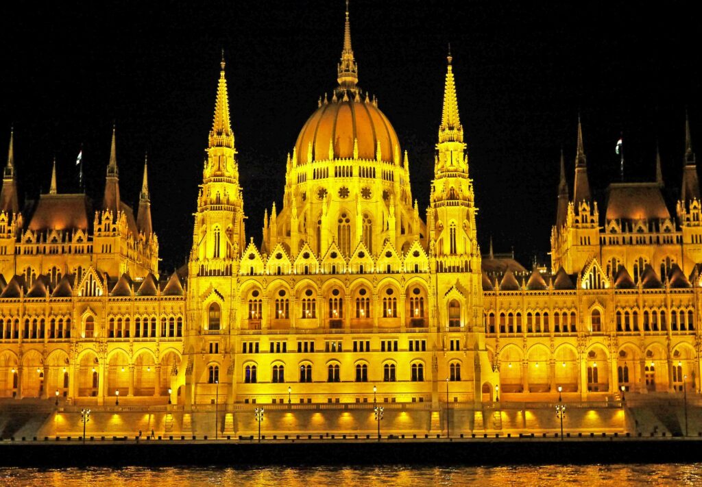 The Hungarian Parliament Building illuminated on the bank of the Danube in Budapest