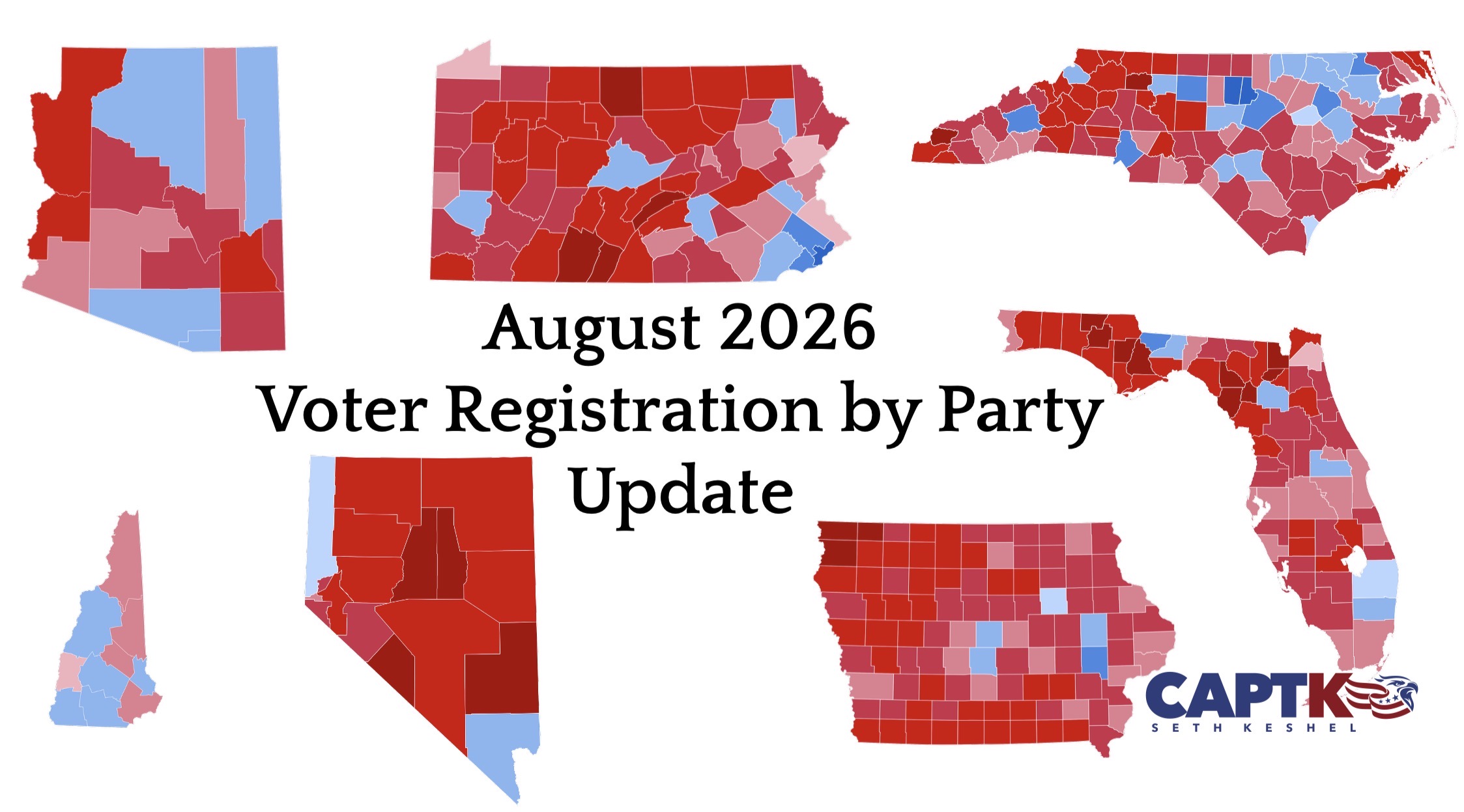 Voter registration by party chart for key 2026 and 2028 battleground states