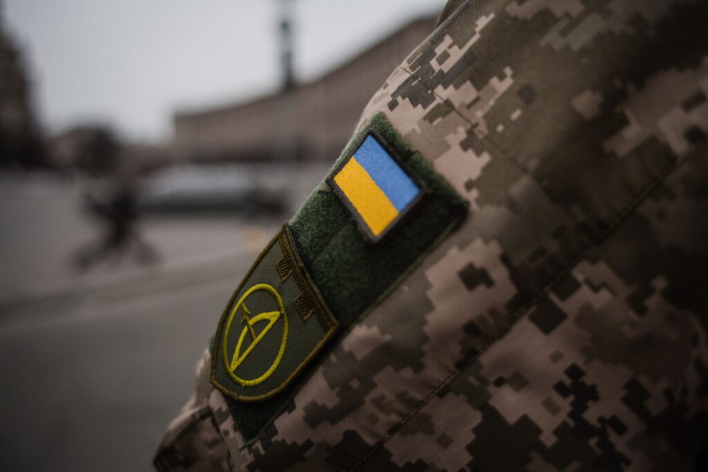 A Ukrainian military uniform with a flag patch