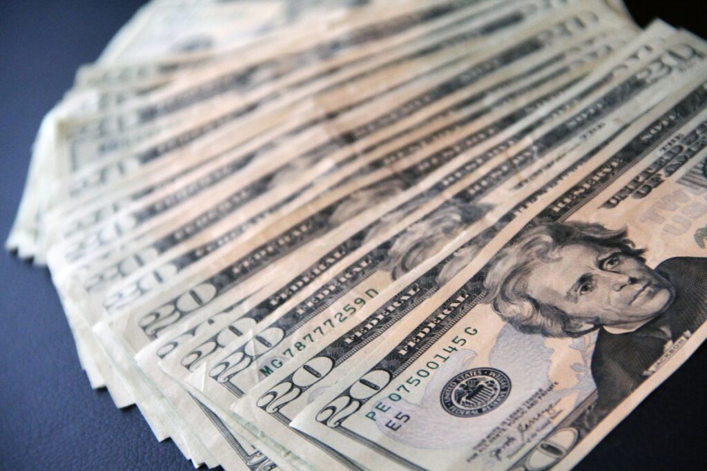 US twenty dollar bills spread out