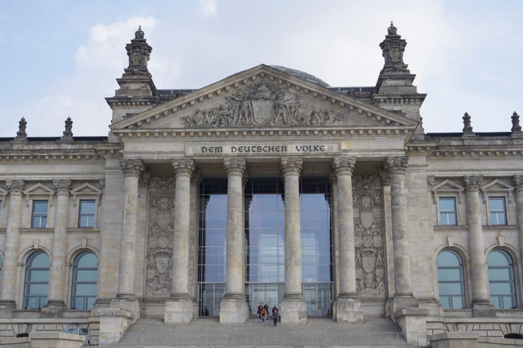 Front view of the historic Reichstag building in Berlin, Germany