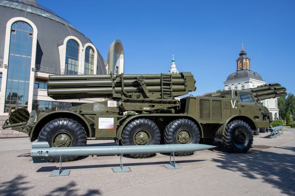 A military missile launcher on display outdoors