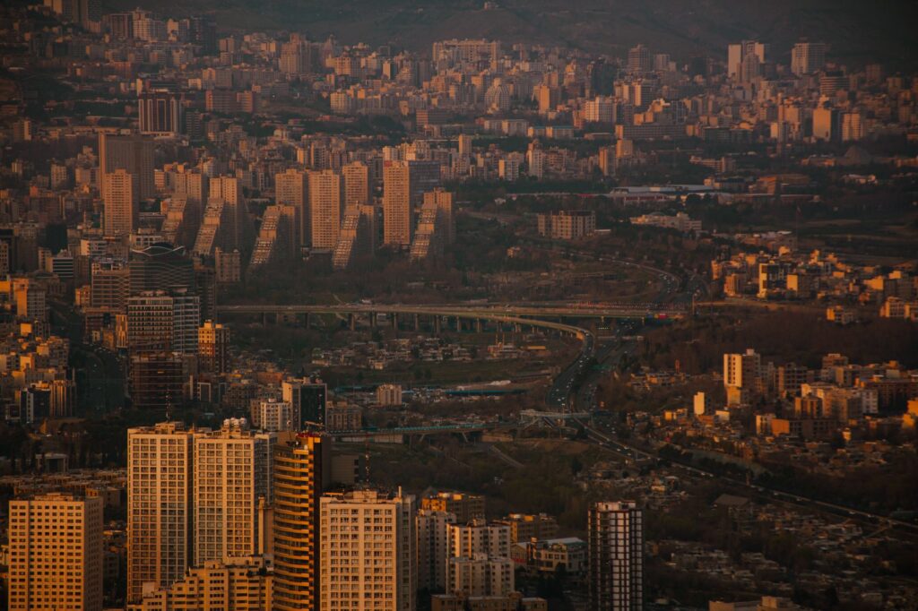 Panoramic view of the Tehran skyline at dusk