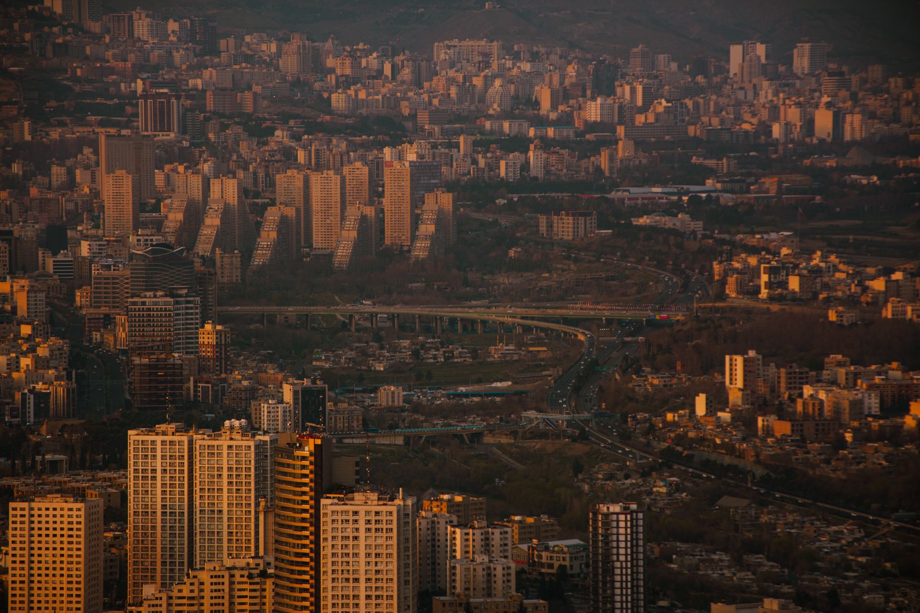 Panoramic view of the Tehran skyline at dusk