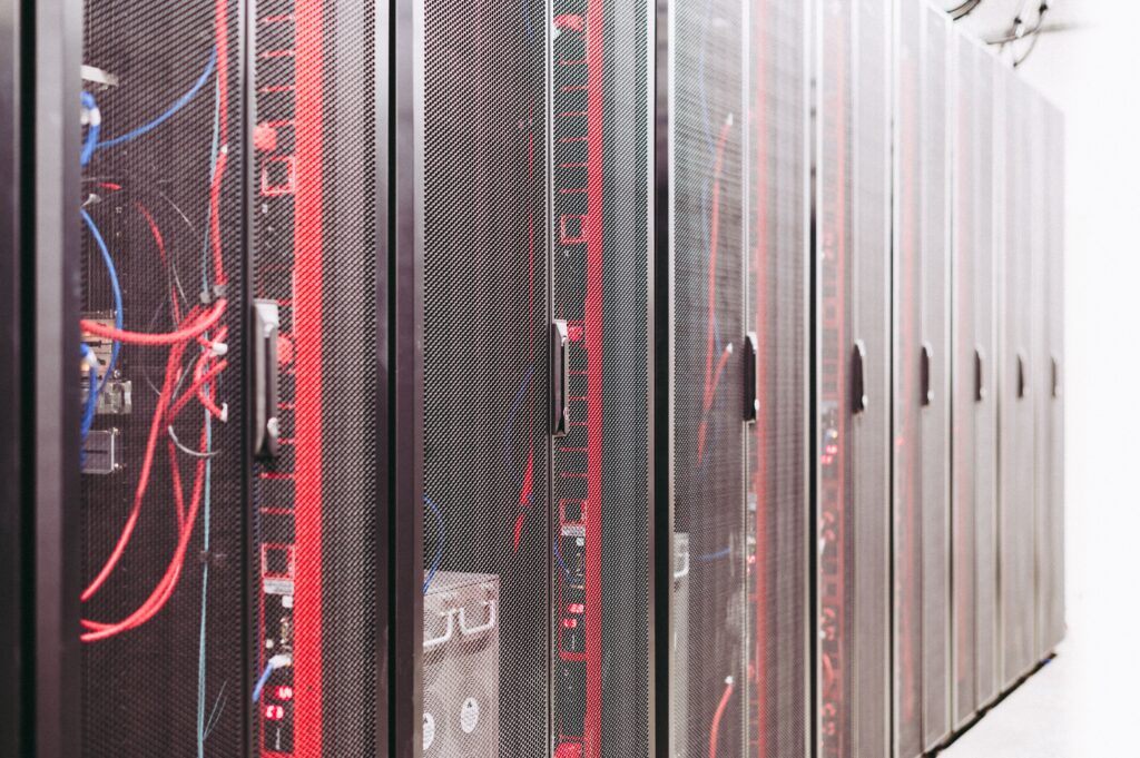 Rows of server racks in a data center
