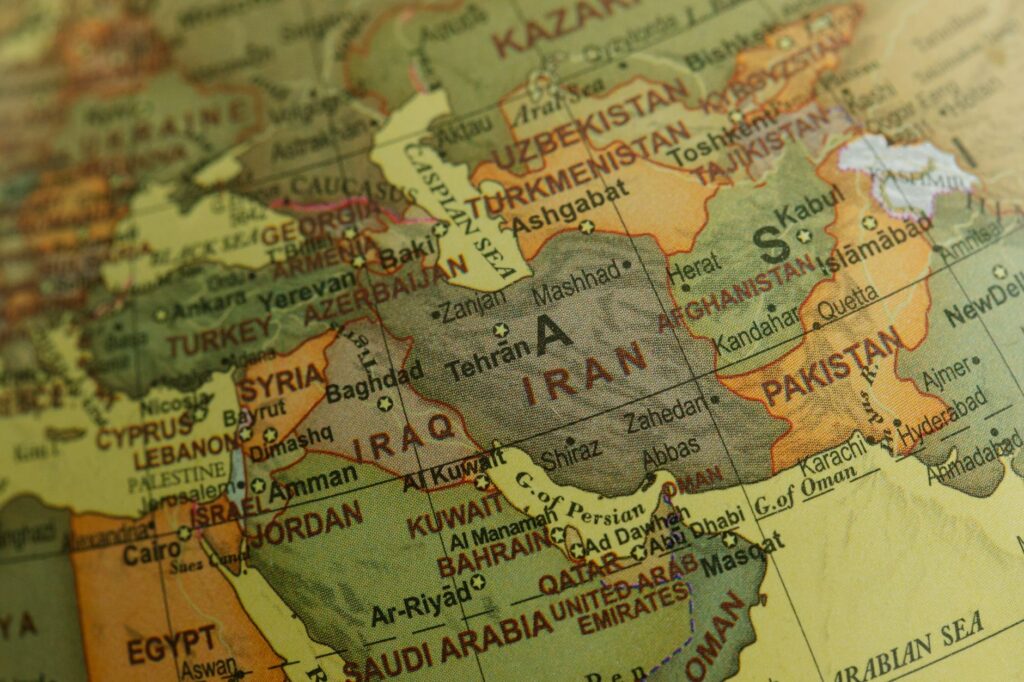 Close-up of a map of the Middle East showing countries and borders
