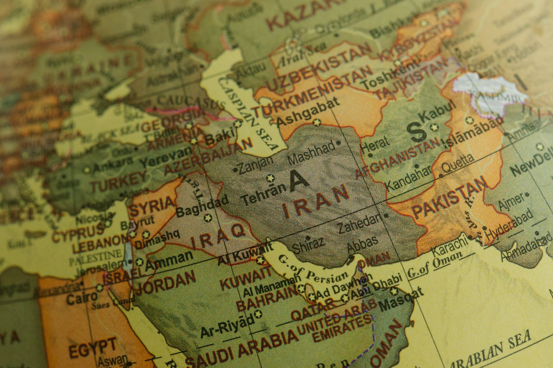 Close-up of a map of the Middle East showing countries and borders